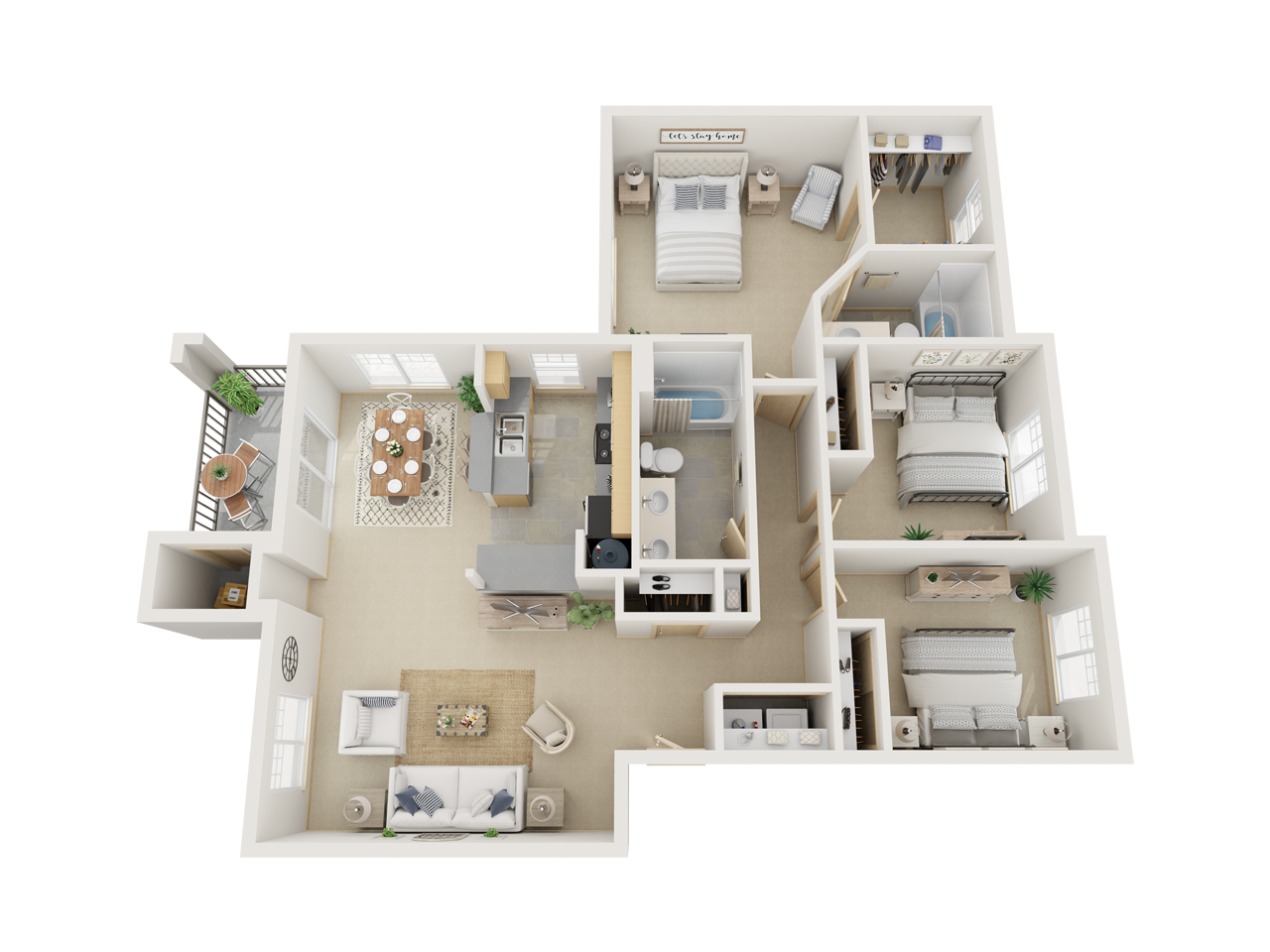 Floor plan for 3 beds, 2 baths, 1287 sqft